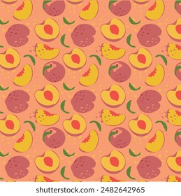 Abstract peach pattern in flat style. Fresh, delicious fruit seamless pattern. Vector background. Summer freshness for health. For background, juice, ice cream or packaging.