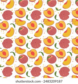Abstract peach pattern in flat style. Fresh, delicious fruit seamless pattern. Vector background. Summer freshness for health. For background, juice, ice cream or packaging.