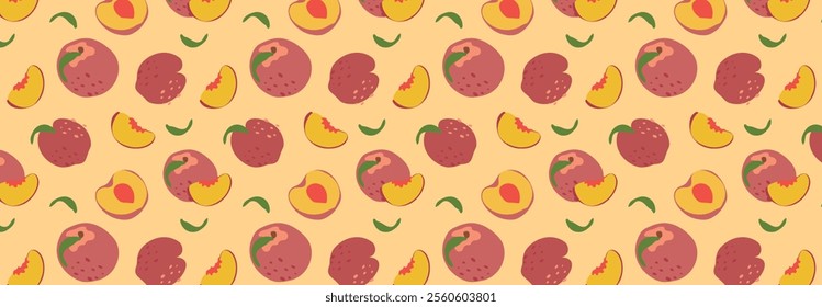 Abstract peach pattern with green leaves in flat style. Vector background. Fruit Seamless pattern. Summer time print. For juice, garden, fabric.