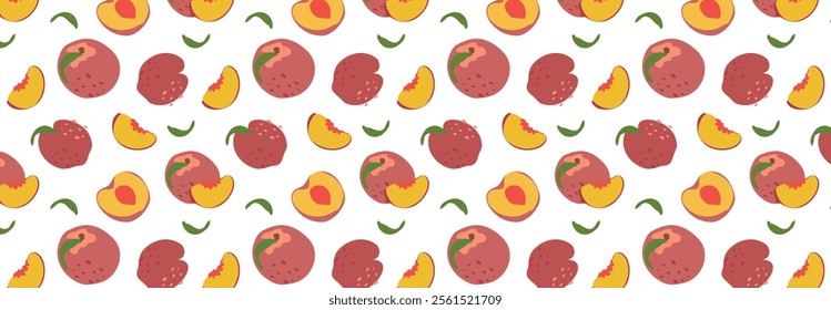 Abstract peach pattern with green leaves in flat style. Vector background. Fruit Seamless pattern. Summer time print. For juice, garden, fabric.