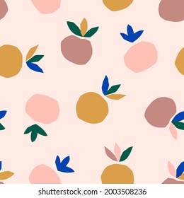 Abstract Peach Seamless Pattern with Leaves in a Trendy Minimalist Style. Vector Collage Background from Fruit made of Cut Pieces of Paper for Printing on Fabric, Cover design, Postcard