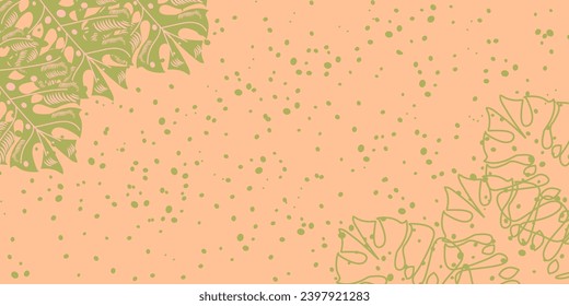 Abstract peach-green design with colorful tropical leaves and dots on background. Peach fuzz. Bright multicolored vector illustration for cards, business, banners, wallpaper, gift boxes and package