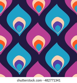 Abstract peacock bird feather seamless pattern. Colorful scale background.