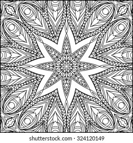 Abstract peacock feathers black and white ornament. Contrast ethnic pattern. Fantasy oriental background for coloring pages. Vector is EPS8.