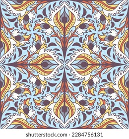 Abstract peacock feathers. Hand drawn seamless vector pattern. Symmetrical graphic pattern in boho style. Yellow, brown leaves on a blue background. Print for fabric, packaging