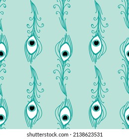 Abstract peacock feathers repeat pattern design on turquoise