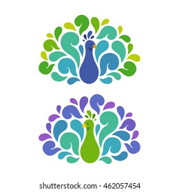 Abstract Peacock illustration with beautiful swirl shapes. Vector bird logo in two color variants.
