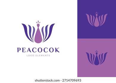 Diseño Abstractas del logotipo del pavo real con el concepto púrpura elegante de la pluma para el salón de belleza y la identidad de la marca de moda