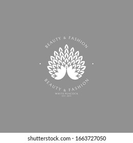 Abstract peacock. Logo template. White peacock on gray background