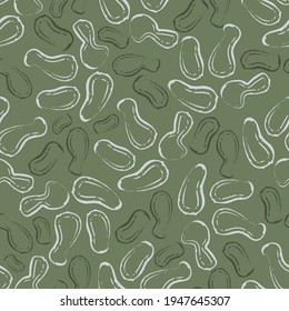 Abstract peanut shell line art seamless vector pattern background. Single monkey nuts in calligraphy brush style. Sage green silver botanical backdrop. Legume repeat for food concept