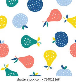 Abstract pear and apple seamless pattern background. Childish handmade craft for design card, cafe menu, wallpaper, summer gift album, scrapbook, holiday wrapping paper, bag print, t shirt etc.