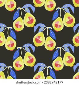 Abstract pear branch seamless pattern. Image on white and colored background. Vector.