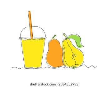 abstract pear fruit juice glass with lid and straw, continuous single one line art hand drawing sketch logo 