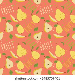 Abstract pear pattern in flat style. Fresh, delicious fruit seamless pattern. Vector background. Summer freshness for health. For background, juice, ice cream or packaging.