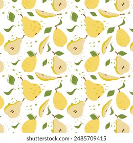 Abstract pear pattern in flat style. Fresh, delicious fruit seamless pattern. Vector background. Summer freshness for health. For background, juice, ice cream or packaging.