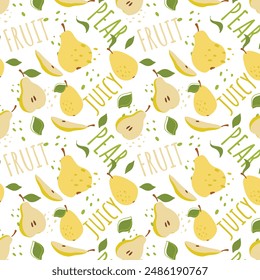 Abstract pear pattern in flat style. Fresh, delicious fruit seamless pattern. Vector background. Summer freshness for health. For background, juice, ice cream or packaging.