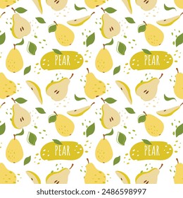 Abstract pear pattern in flat style. Fresh, delicious fruit seamless pattern. Vector background. Summer freshness for health. For background, juice, ice cream or packaging.