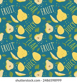 Abstract pear pattern in flat style. Fresh, delicious fruit seamless pattern. Vector background. Summer freshness for health. For background, juice, ice cream or packaging.