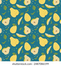 Abstract pear pattern in flat style. Fresh, delicious fruit seamless pattern. Vector background. Summer freshness for health. For background, juice, ice cream or packaging.