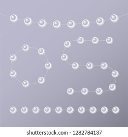 Abstract pearl garlands, beads isolated on gray background. Set for celebratory design, Christmas decorations. wedding theme. (Clipping mask used, easy editable) Vector illustration.