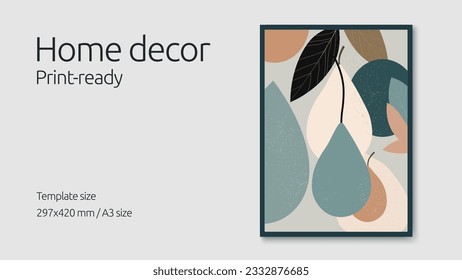 Abstract pears and leaves illustration in modern flat vector design. Home decor hand-drawn poster layout ready for print. Contemporary wall art drawing with geometric shapes