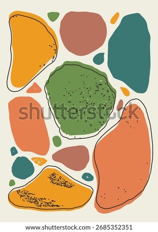 Abstract pebble artwork with organic stone shapes in green, mustard yellow, terracotta orange, teal blue, and earthy brown. Perfect for posters, wall art, prints, textiles, packaging, or decoration.