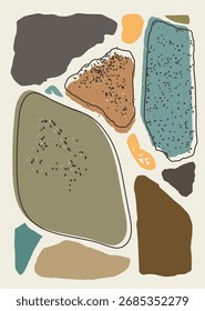 Abstract pebble background with organic stone shapes in teal, ochre, and earthy browns. Perfect for wallpaper, posters, decor, cards, invitations, and modern printable artwork designs.
