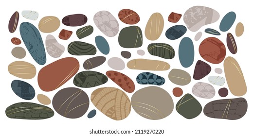 Abstract pebble mosaic nature color pieces on white background. Granite fragments with gold texture. Stones and rocks color texture. Pebble  of various geometric shapes. Flat vector illustration