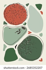 Formas de seixo abstrato em tons de terra verde e vermelho com contornos orgânicos e estilo texturizado. Fundo ideal para cartaz, decoração, arte, estética e uso imprimível.