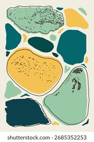 Formas de guijarros Abstractas en tonos azulados, jade, mostaza y ocres con textura de terrazo. Fondo orgánico de la obra de arte para el cartel, la decoración, la marca, el empaquetado, la tarjeta imprimible, o el diseño moderno de la Plantilla.