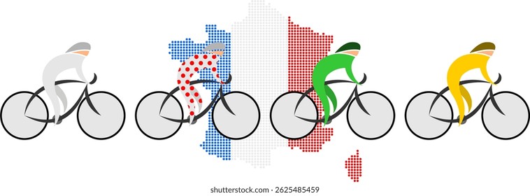 Um pelotão abstrato de ciclistas com um mapa de França sobre um fundo transparente