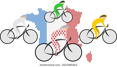Um pelotão abstrato de ciclistas com um mapa de França sobre um fundo transparente