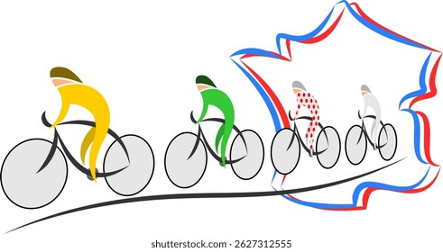 Um pelotão abstrato de ciclistas com um mapa de França sobre um fundo transparente