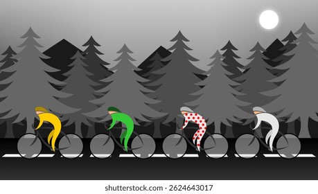 Um pelotão abstrato de ciclistas em uma estrada de montanha à noite