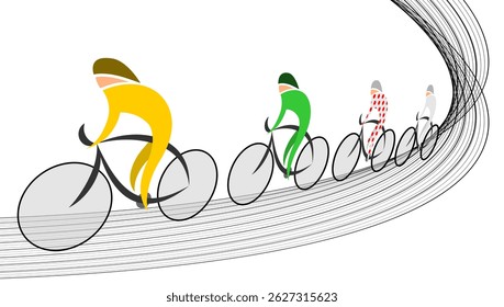 An abstract peloton of cyclists on a track on a transparent background