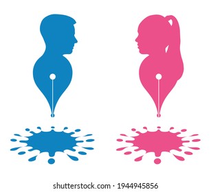 Abstract pen and paint splashes, silhouette head boy and girl