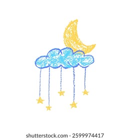 Abstract pencil cloud and golden stars hang on ropes. Hand drawn cartoon cloudy night sky with crescent. Like children's drawing with pencils bedroom design element. Vector illustration
