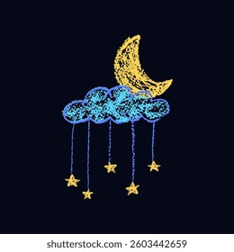 Abstract pencil cloud and golden stars hang on ropes. Hand drawn cartoon cloudy night sky with crescent. Like children's drawing with pencils bedroom design element. Vector illustration
