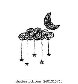 Abstract pencil cloud and stars hang on ropes. Hand drawn cartoon cloudy night sky with crescent. Like children's drawing with black wax pencils bedroom design element. Vector illustration