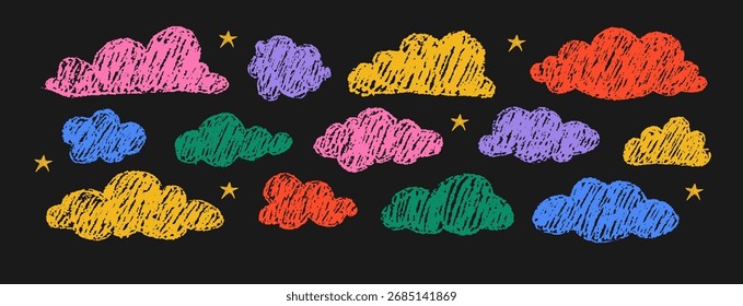 Nuvens abstratas de lápis. Desenhos divertidos de carvão e giz de cera. Criança mão esboçou rabiscos para berçário ou convites. Imagem do Grunge. Ilustração em vetor colorido em preto. Estilo Y2K.