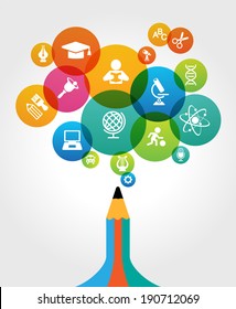 Abstract pencil with colored circles and education icons. Concept of modern education. File is saved in AI10 EPS version. This illustration contains a transparency  