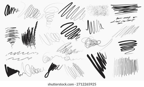 garabatos de lápiz abstracto y lápiz de crayón, garabato de trazo de pincel de tinta, garabato de garabato de Vector de escritura a mano, remolino de línea de crayón negro desordenado. Firma, efecto de boceto de lápiz. eps10