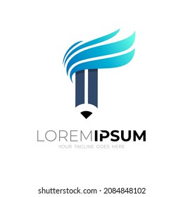 Abstract pencil logo with wing design vector, blue color