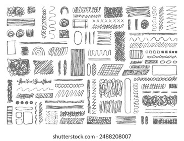 Abstract pencil scribble element bundle. Circle, wavy, straight lines, square, oval, zigzag, and rectangular shapes pen stoke.