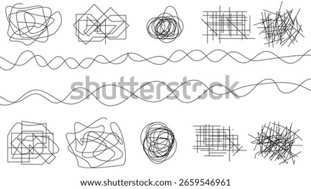 Abstract pencil scribble line collection. A dynamic set of chaotic, spontaneous sketch lines. Includes a variety of irregular, tangled, and expressive hand-drawn strokes perfect for creative design.