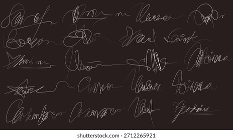 rabiscos de lápis abstrato, assinatura escrita à mão. Diferentes exemplos de assinaturas isoladas em fundo preto. Conjunto de ilustrações vetoriais de nome desenhado à mão imprint.eps10