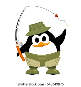 Abstract penguin in fishing rubber boots, hat and fishing rod on a white background. Cartoon illustration of a small penguin child on a fishing trip.  Hobby. Vector illustration