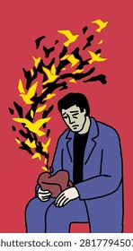 Abstract Pensive Person in Flames for Burnout Concept