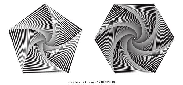 Abstract pentagon and hexagon with halftone dots. Optical illusion effect. 