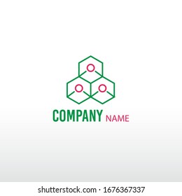 Abstract pentagon logo template with illustrations of people in three green and pink blocks for the needs of your business, company, community